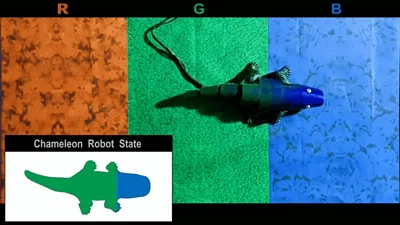Robot con forma de lagarto fotografiado sobre fondo dividido en canales R, G y B, con diagrama del estado del robot camaleón en la esquina inferior izquierda.