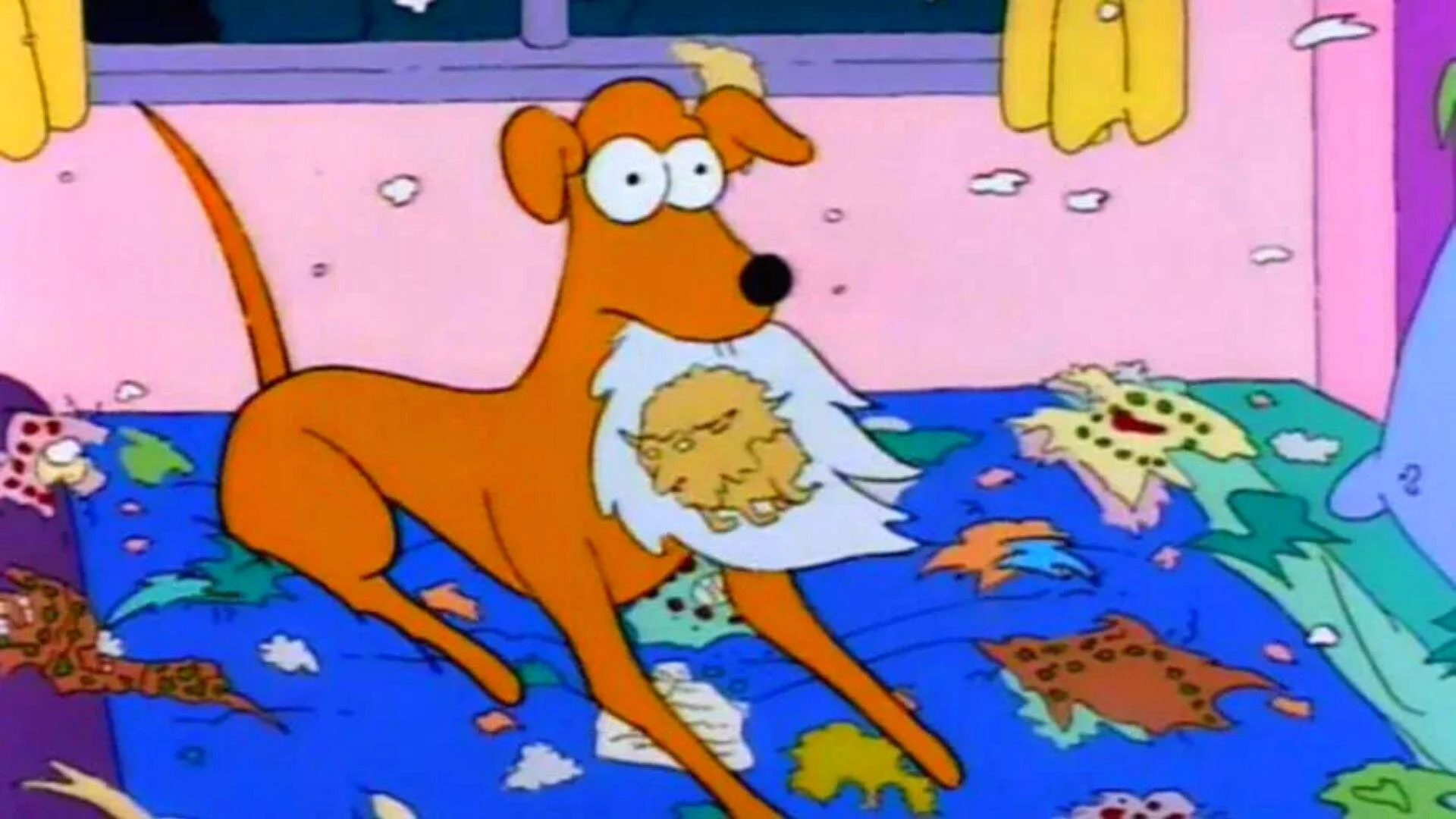 Perro naranja animado de Los Simpson sobre una cama con una prenda destrozada entre sus patas y ropa esparcida.