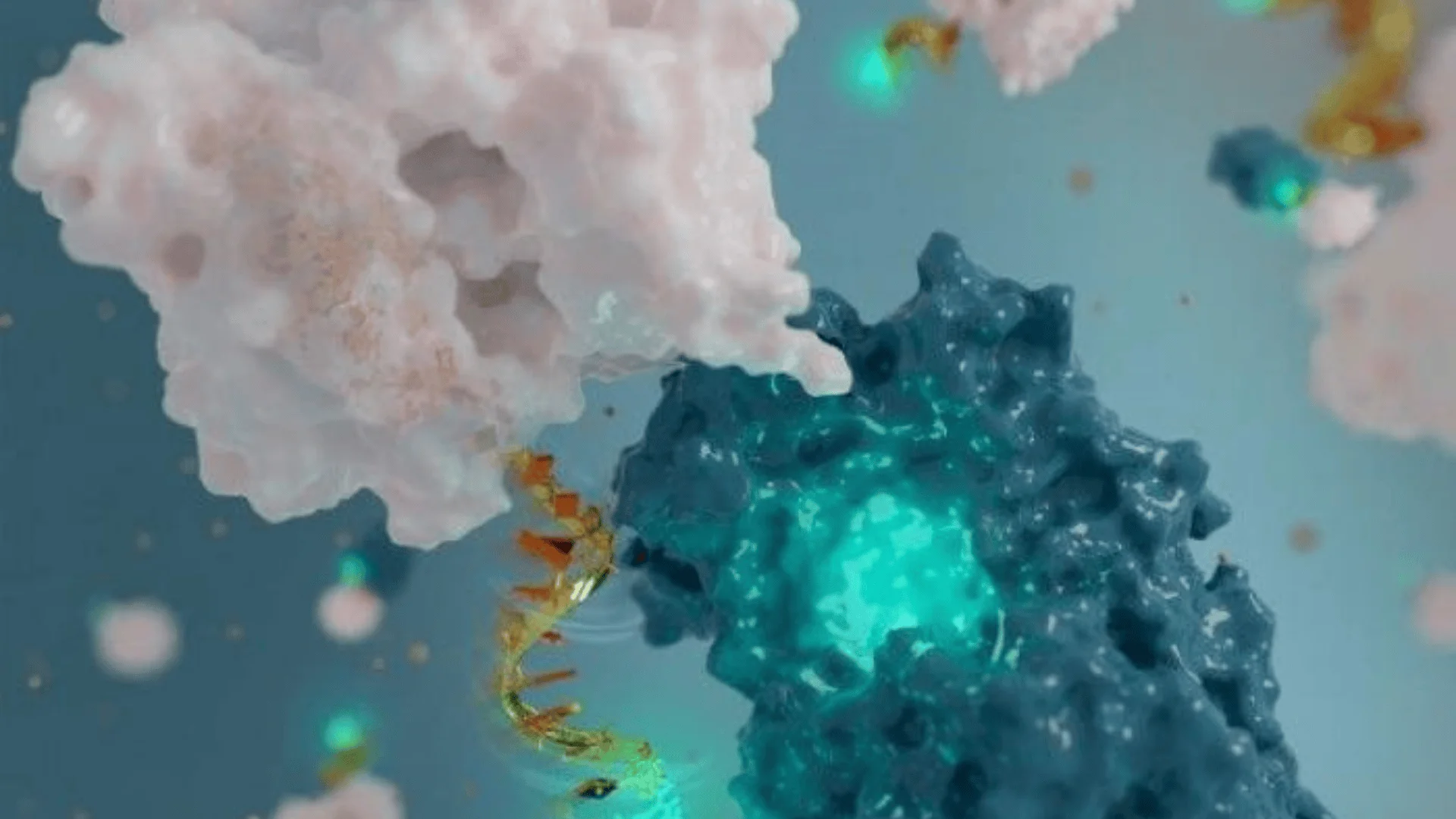 Representación digital en 3D de moléculas proteicas interactuando con una cadena de ADN dorada en un entorno celular.