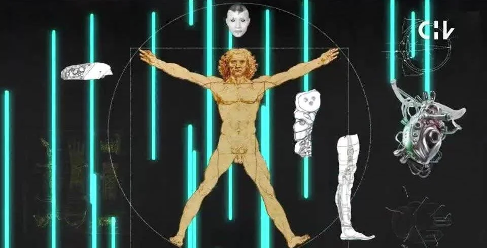 Ilustración del Hombre de Vitruvio rodeado de prótesis y componentes robóticos, sobre fondo oscuro con luces neón, simbolizando el transhumanismo.