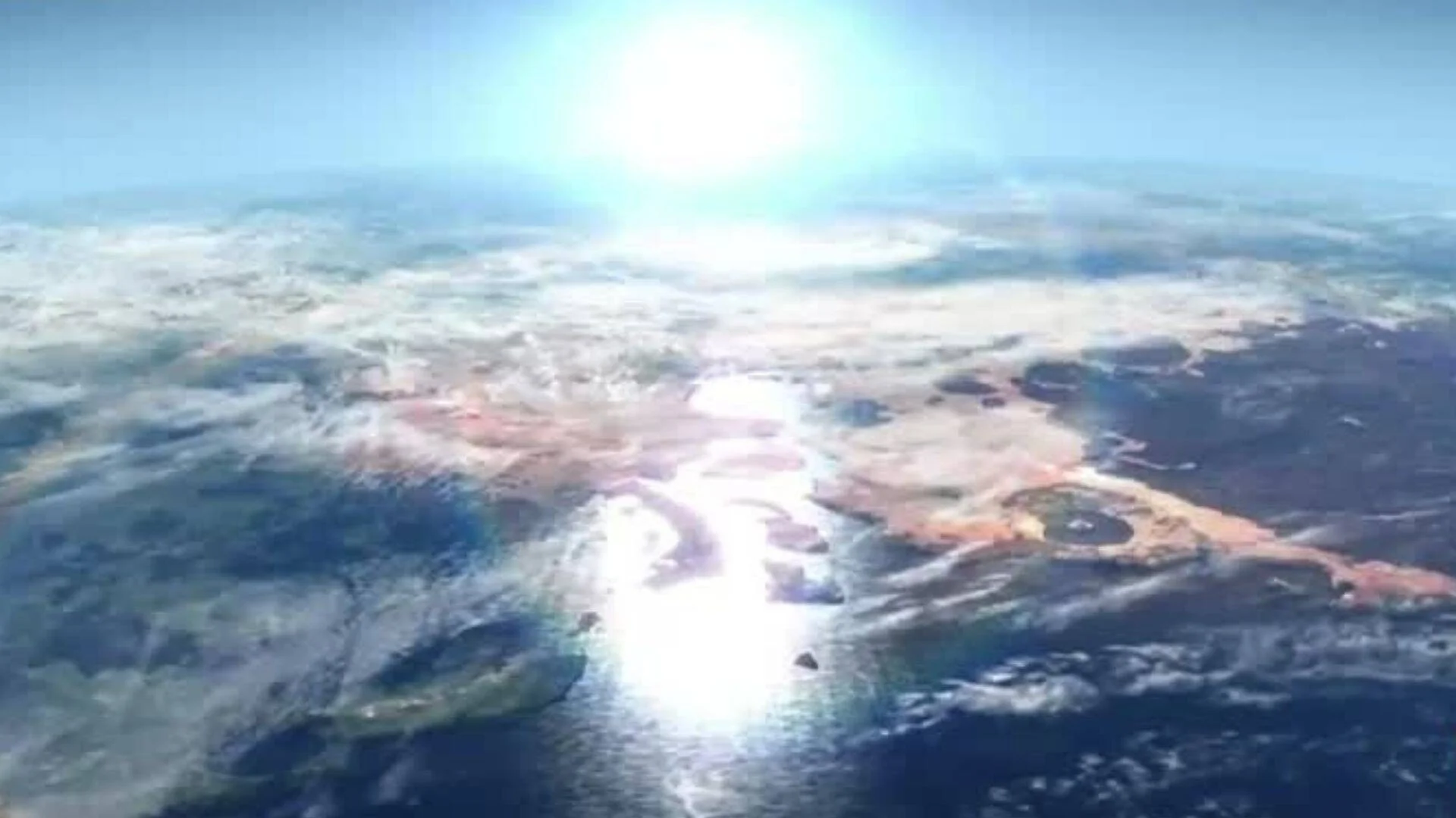 Renderizado digital de la Tierra vista desde el espacio con el sol brillando sobre continentes y océanos.