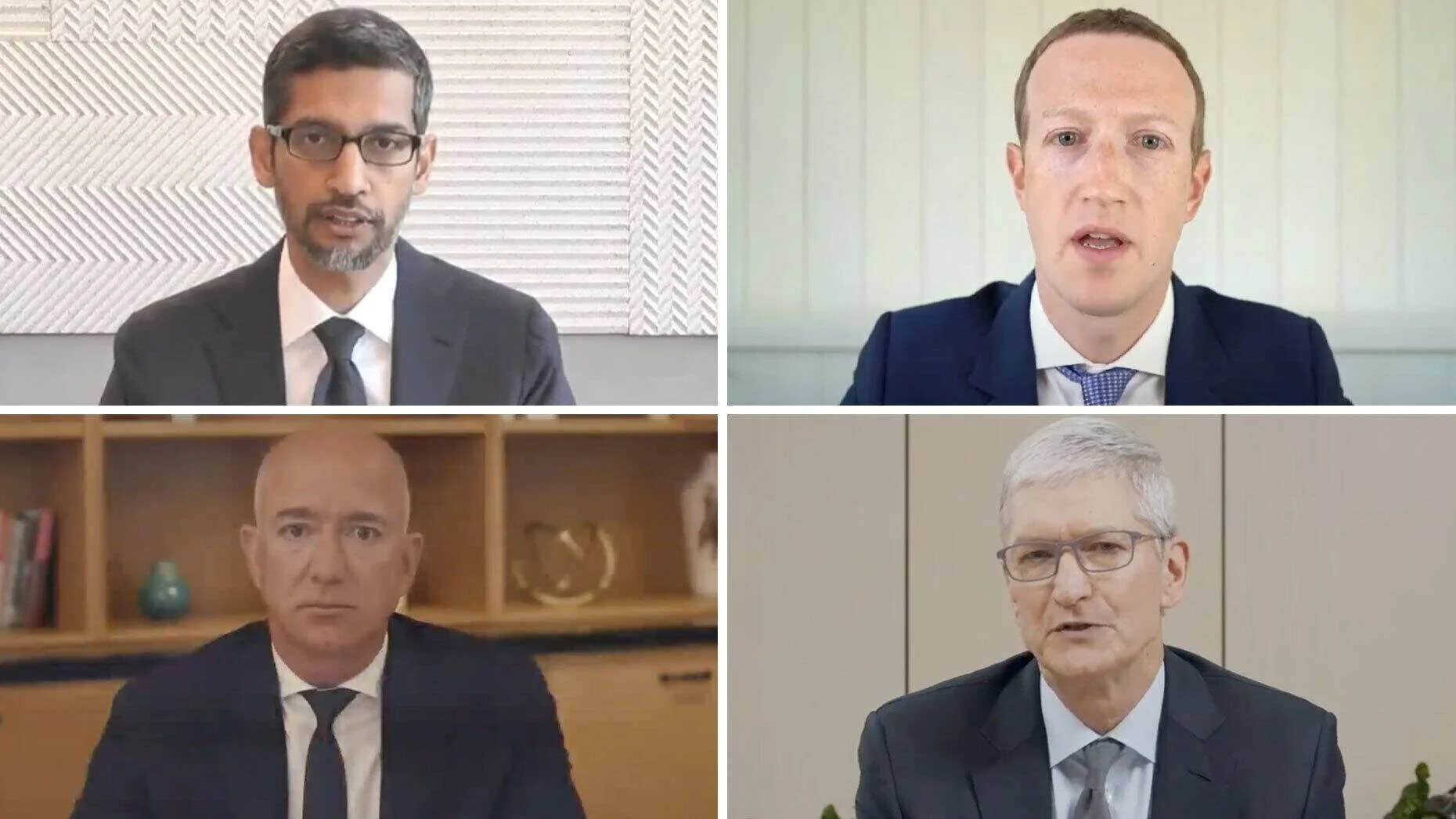 Cuatro ejecutivos de grandes empresas tecnológicas participan por videollamada en una audiencia del Congreso de Estados Unidos.
