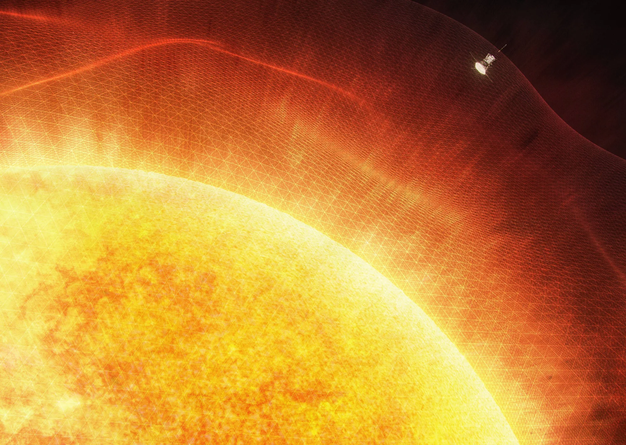 Recreación artística de una sonda espacial sobrevolando la corona solar con campos magnéticos visualizados en rojo.