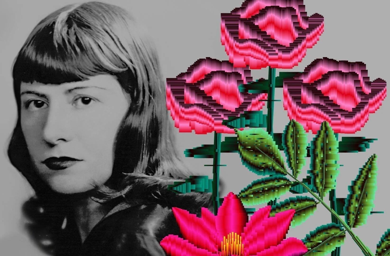 Collage artístico con retrato en blanco y negro de una mujer joven junto a flores rosas con efecto de distorsión digital.