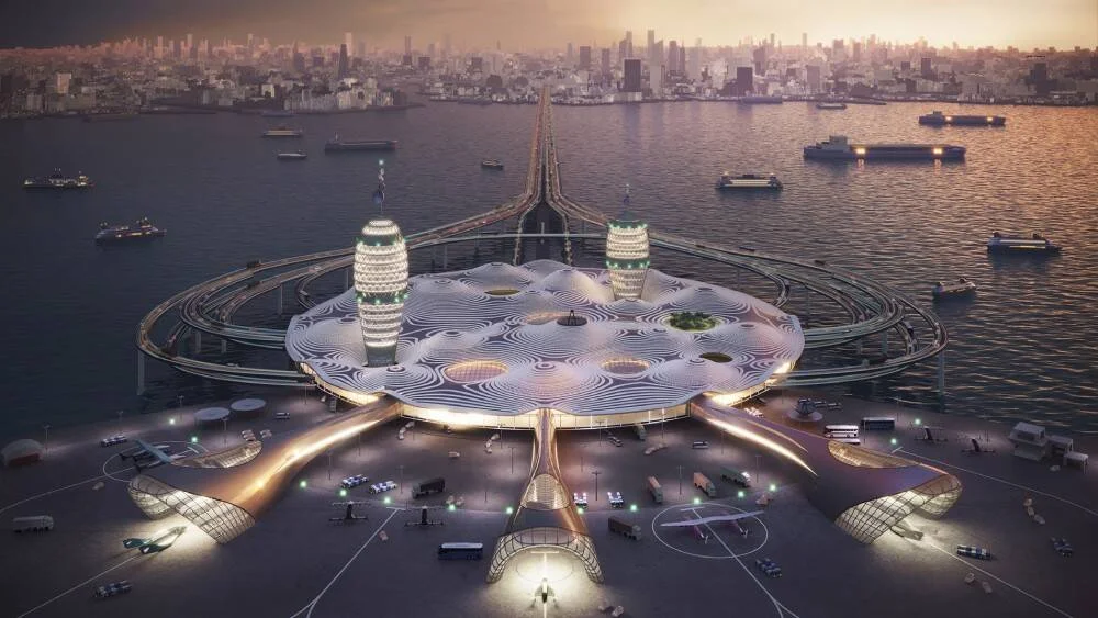 Render arquitectónico de un aeropuerto circular futurista construido sobre el mar, conectado a la ciudad por un puente, al atardecer.
