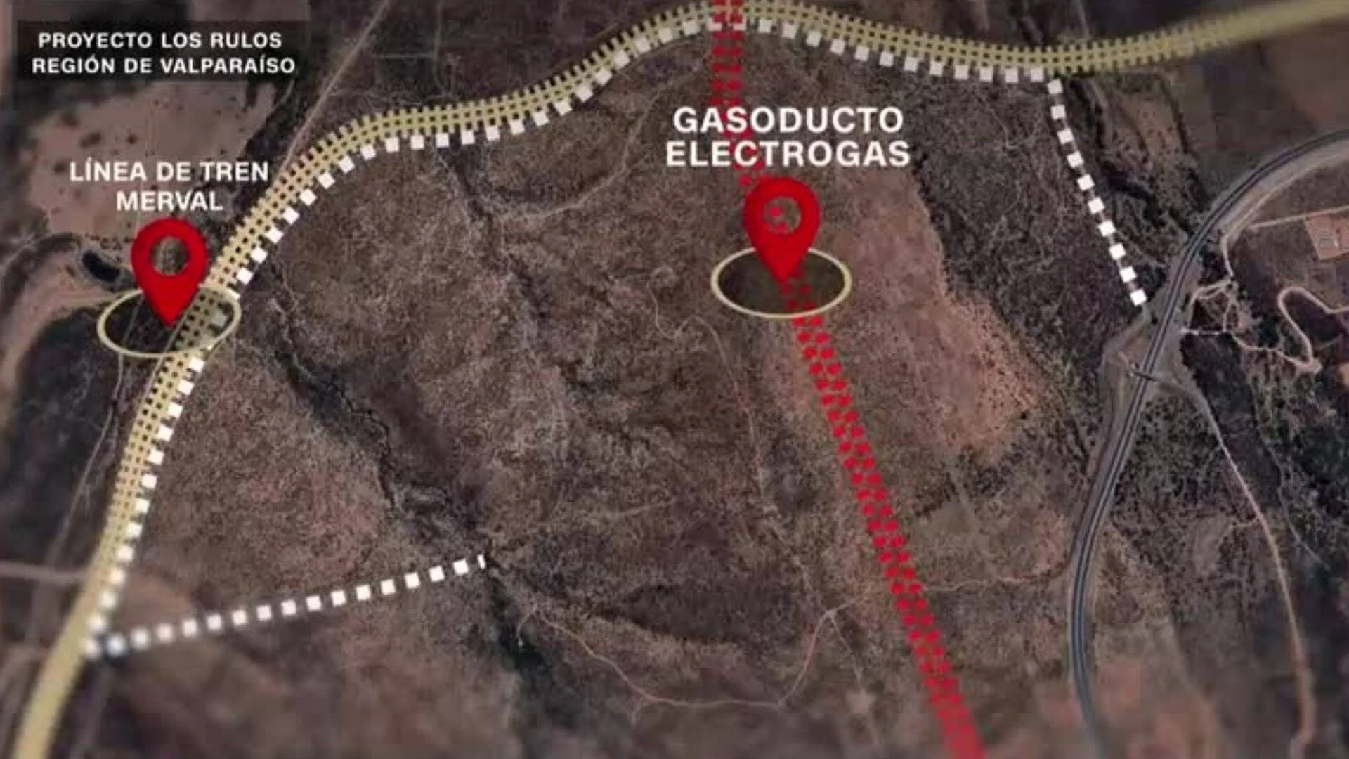 Mapa aéreo del Proyecto Los Rulos en Valparaíso que muestra la ubicación del gasoducto Electrogas y la línea de tren Merval.