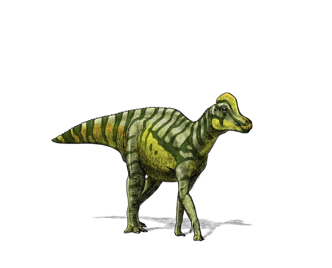 Reconstrucción artística de un dinosaurio hadrosáurido de coloración verde con rayas oscuras y cresta cefálica amarilla.