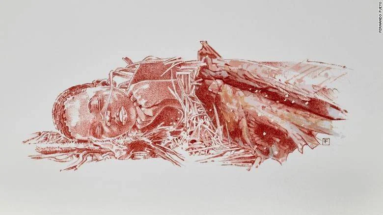 Ilustración en tinta roja de un niño tendido entre escombros y ruinas, obra del artista Fernando Fueyo.