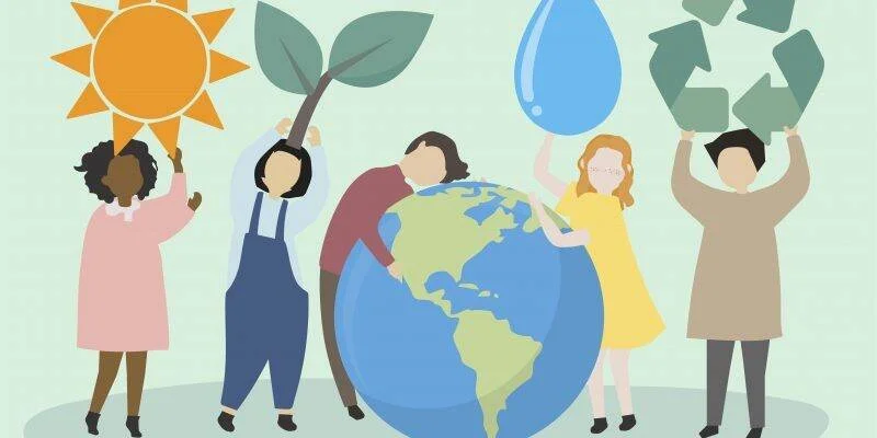 Ilustración de cinco personas rodeando un globo terráqueo y sosteniendo símbolos ecológicos: sol, planta, gota de agua y reciclaje.
