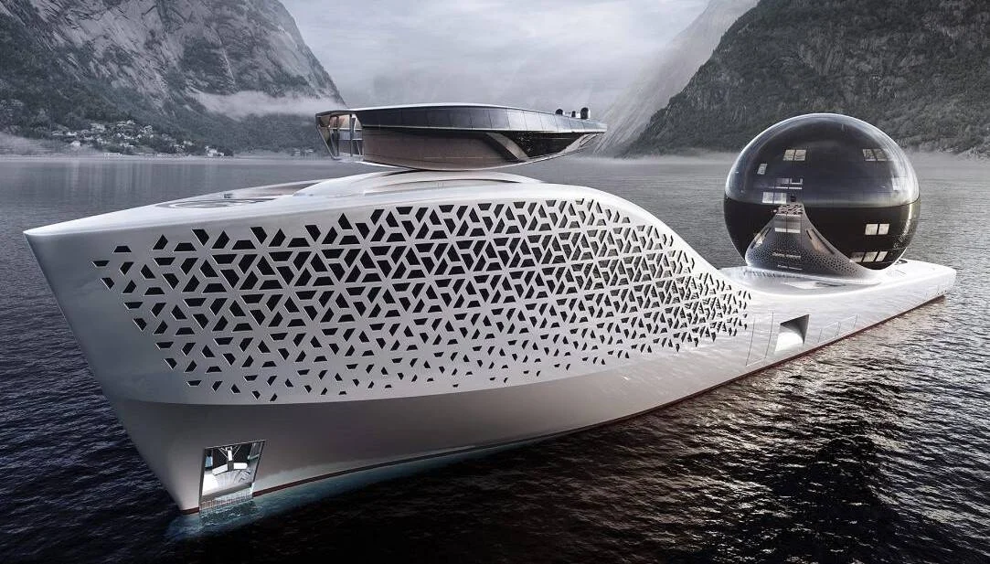 Concepto de superyate futurista con fachada de celosía geométrica blanca y cúpula esférica transparente, navegando en un fiordo montañoso.