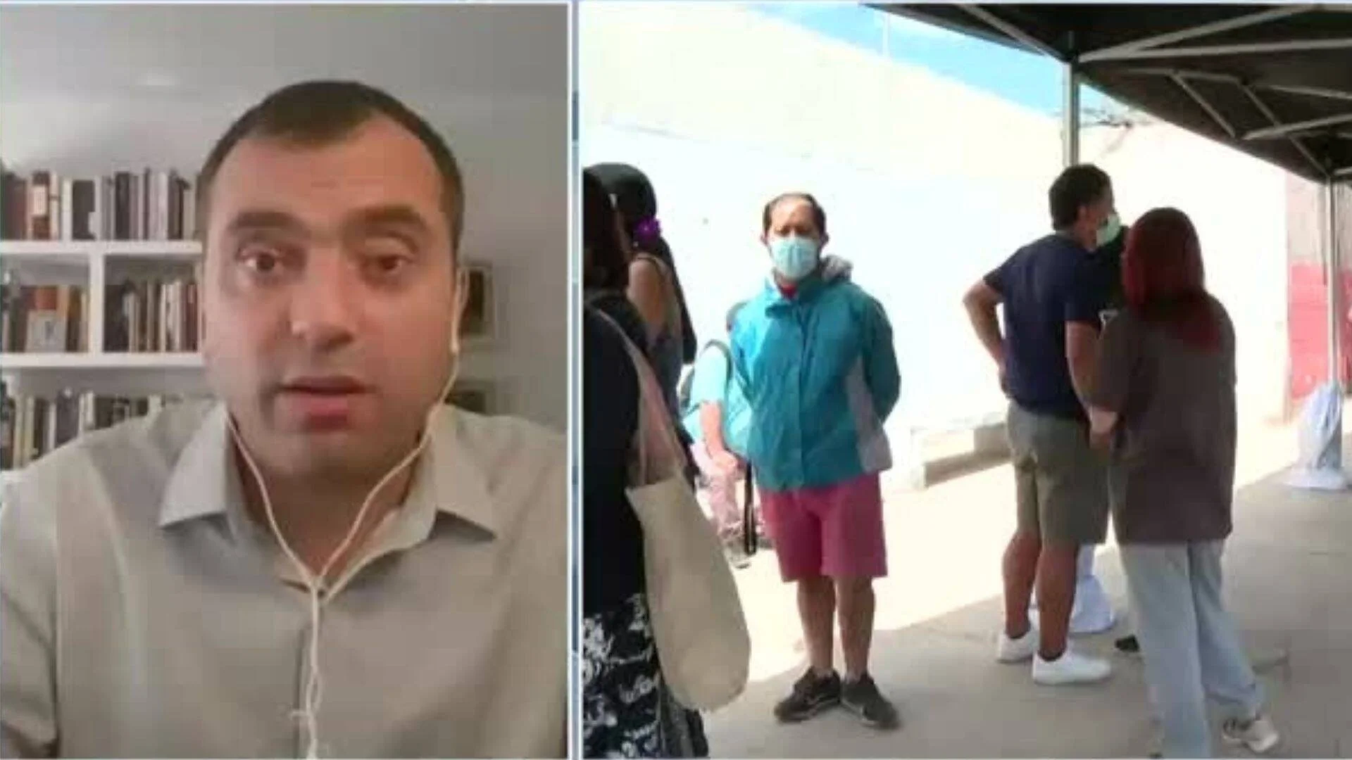 Pantalla dividida: hombre hablando en videollamada desde su casa y grupo de personas haciendo fila al aire libre con barbijo.
