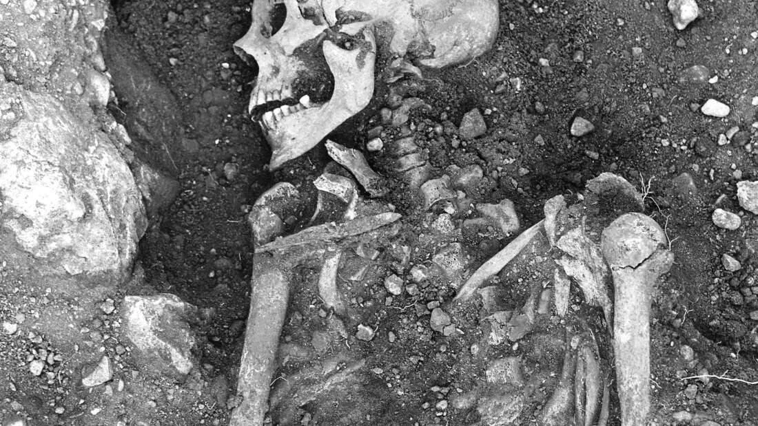Restos óseos humanos parcialmente enterrados en tierra durante una excavación arqueológica.