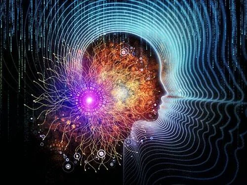 Ilustración conceptual de una silueta humana con circuitos luminosos y ondas digitales que representan inteligencia artificial y mente.