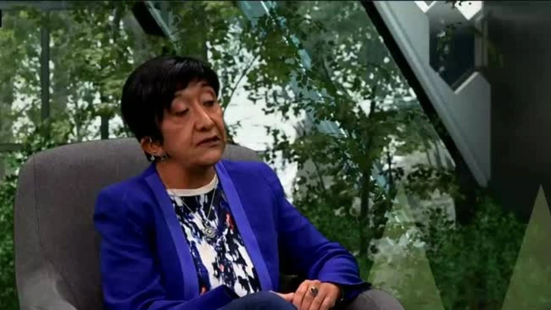 Mujer de mediana edad con blazer azul sentada en sillón gris durante una entrevista en estudio de televisión.