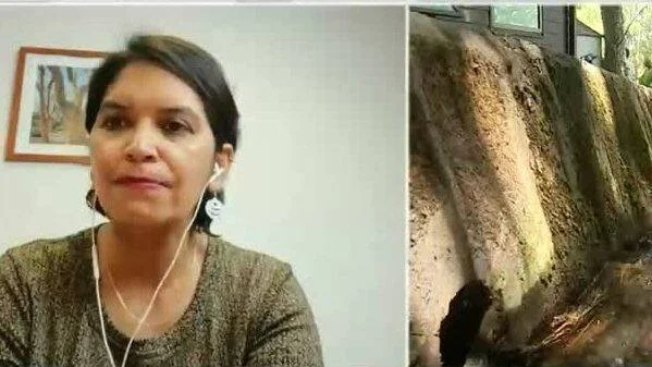 Mujer con auriculares durante videollamada, junto a imagen de un muro de tierra erosionado o derrumbado.
