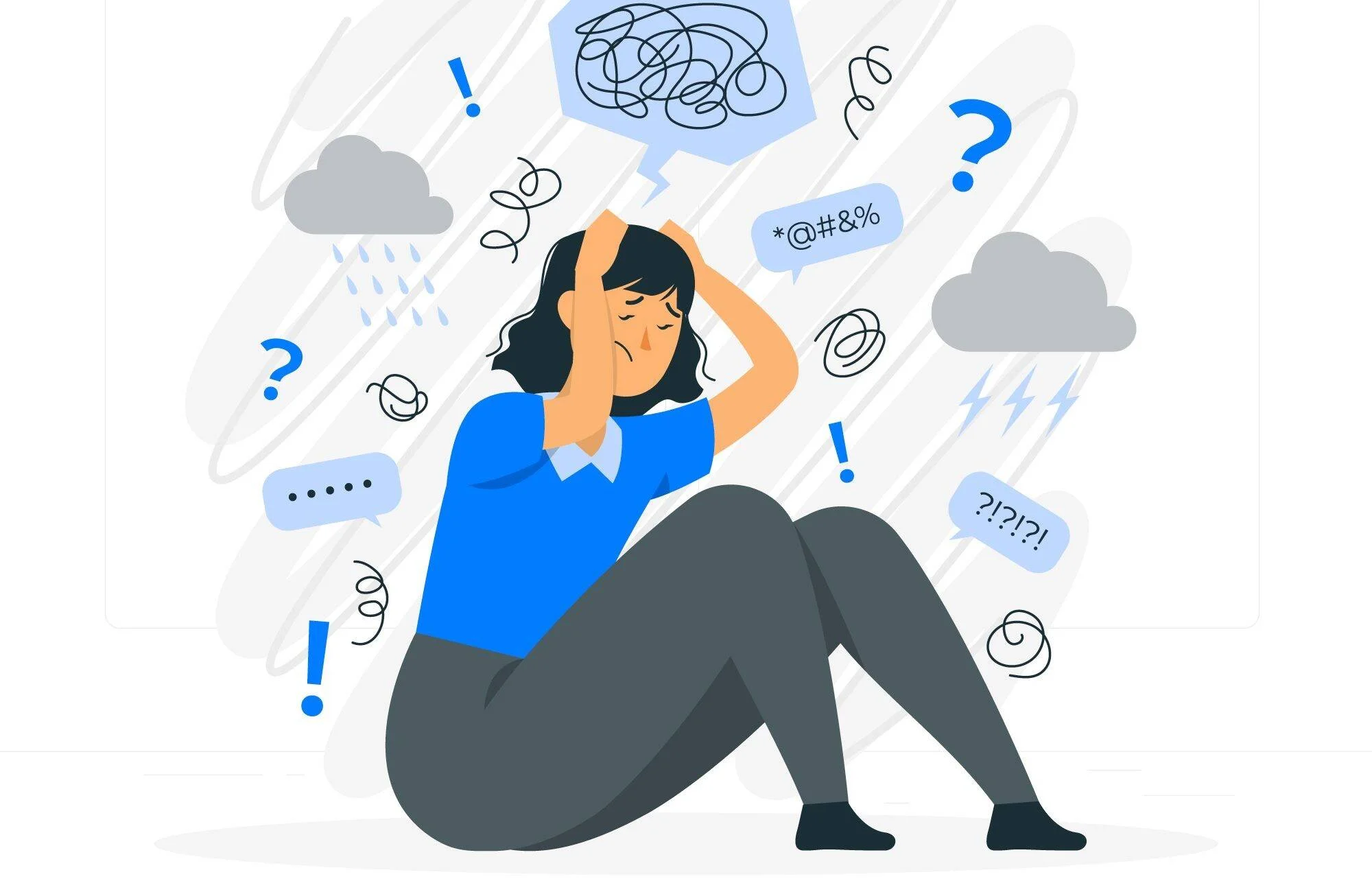 Ilustración de una mujer sentada en el suelo con las manos en la cabeza, rodeada de símbolos de caos, nubes y signos de interrogación que representan estrés mental.