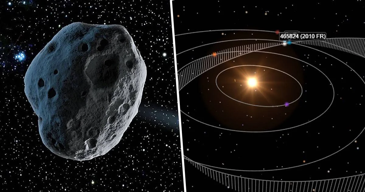 Ilustración del asteroide 465824 (2010 FR) junto a un diagrama de su trayectoria orbital alrededor del Sol en el sistema solar.