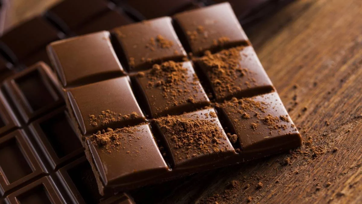 Tabletas de chocolate oscuro espolvoreadas con cacao en polvo sobre una superficie de madera.