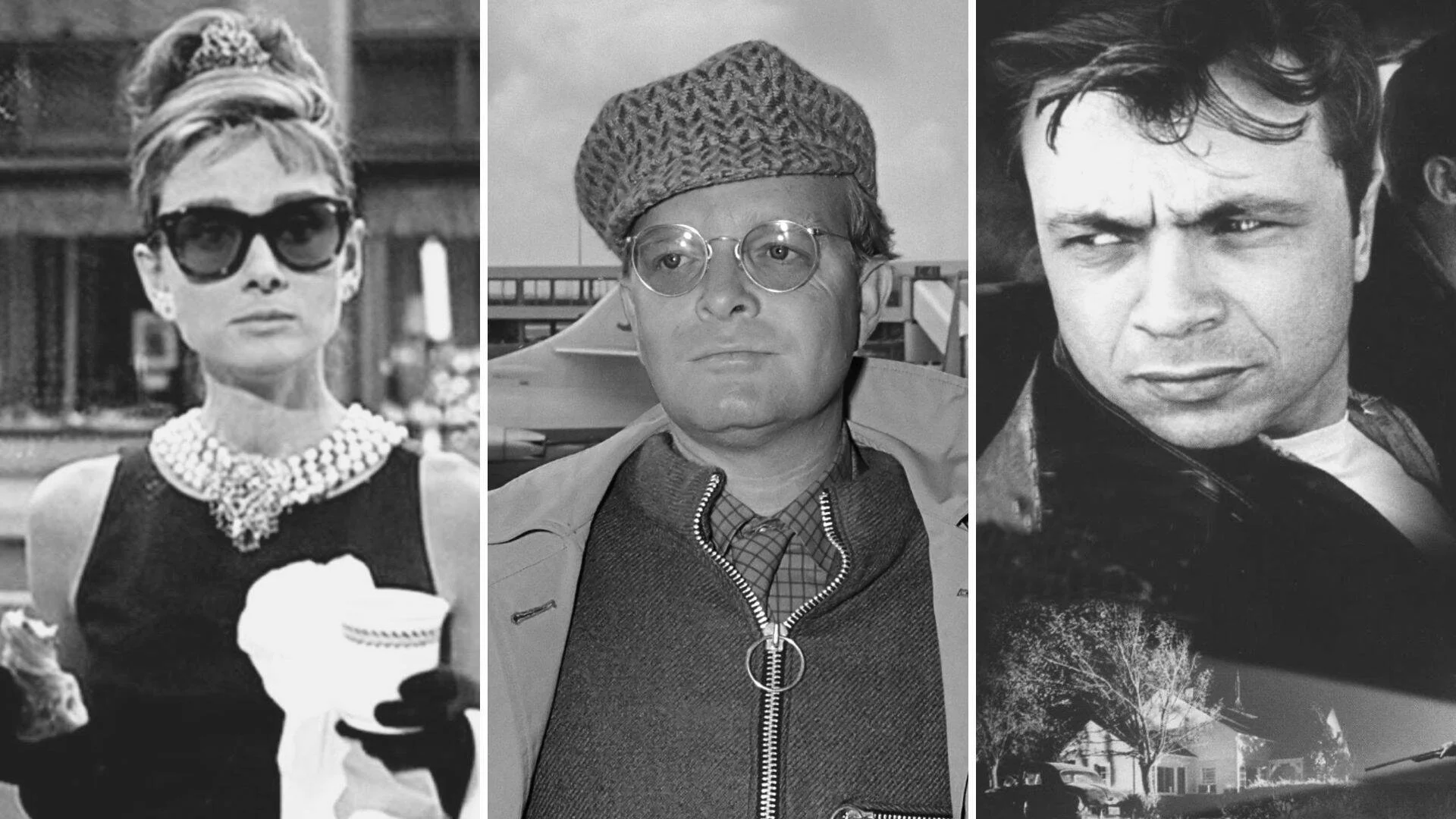 Tríptico en blanco y negro: actriz elegante con gafas y collar de perlas, hombre con gorra y anteojos redondos, y hombre de mirada intensa en un automóvil.