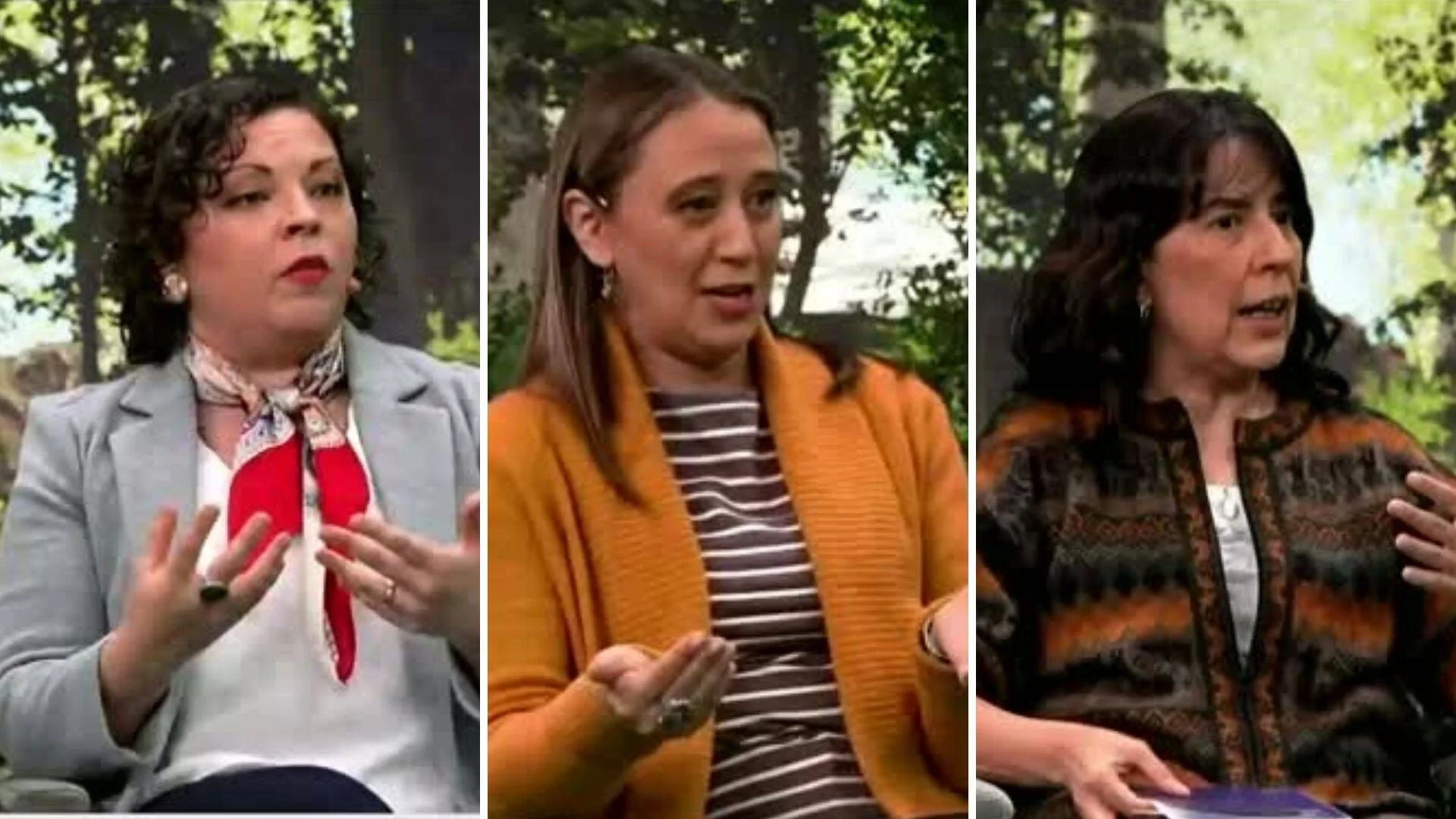 Tres mujeres participan en un debate o entrevista al aire libre, cada una gesticulando mientras habla.