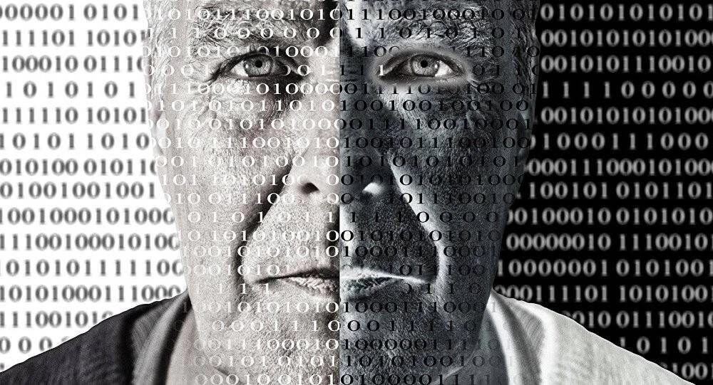 Rostro de una persona fusionado con una pantalla de código binario en blanco y negro, simbolizando la vigilancia digital o identidad en la era tecnológica.