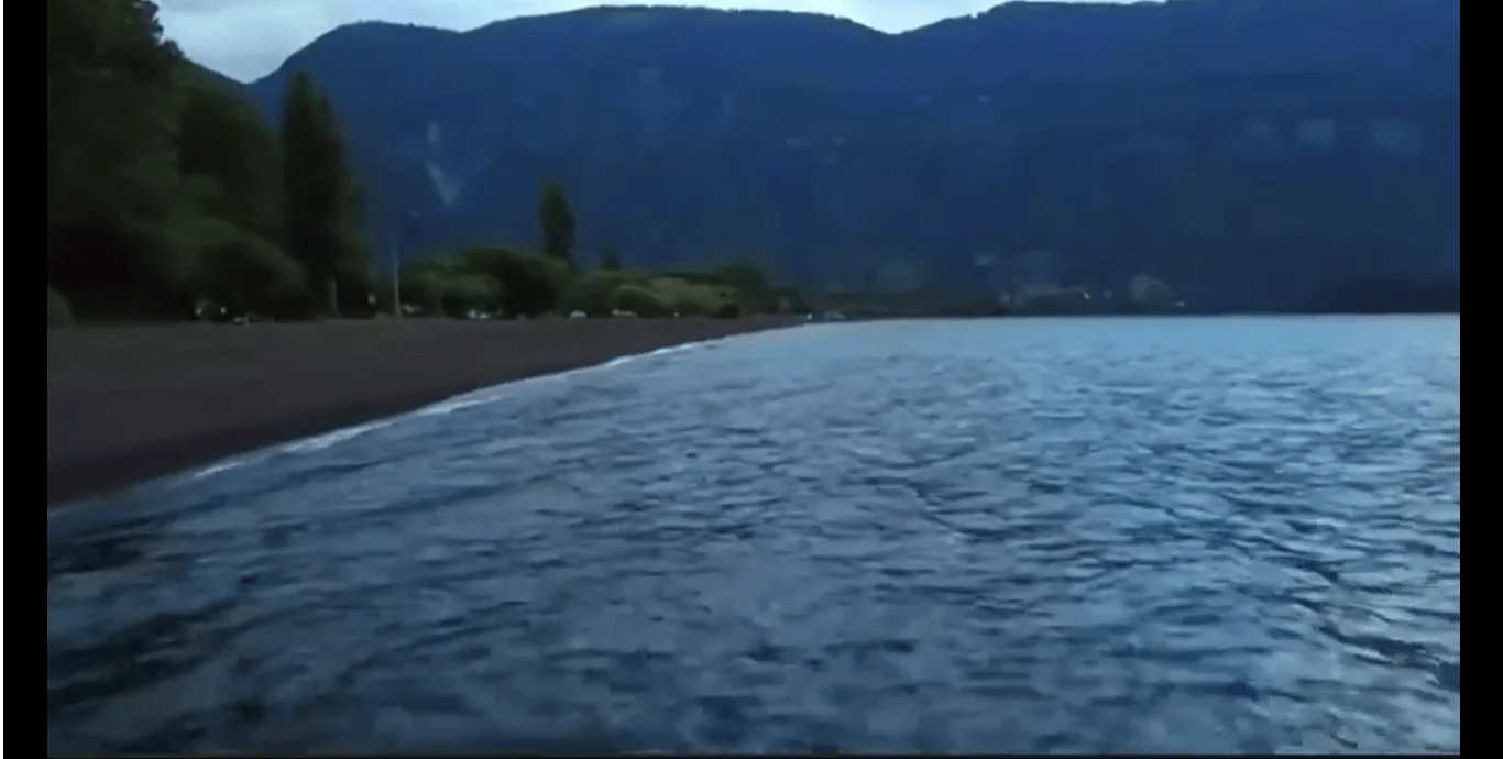 Vista rasante de un lago de aguas azules con una orilla oscura, árboles y montañas al fondo bajo cielo nublado.