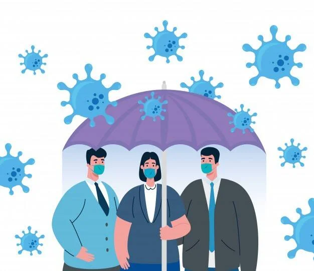 Ilustración de tres personas con mascarilla refugiadas bajo un paraguas que las protege de partículas de virus flotantes.