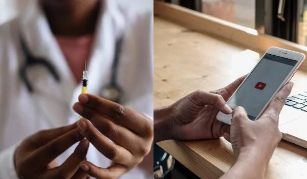 Médico sosteniendo una jeringa junto a una persona que usa YouTube en su smartphone, ilustrando desinformación sobre vacunas en redes sociales.