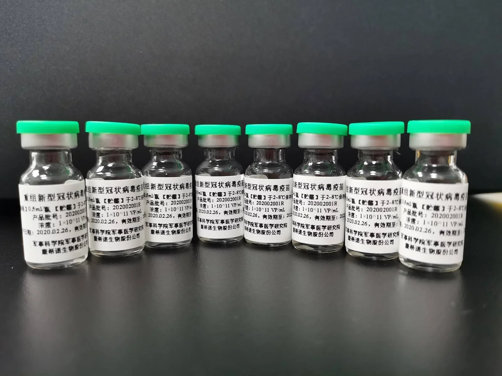 Ocho viales de vacuna recombinante contra el nuevo coronavirus con etiquetas en chino y tapas verdes, fabricados en 2020.