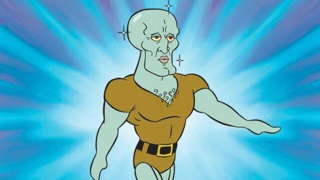 Personaje animado Calamardo con cuerpo musculoso y aspecto glamoroso, con destellos brillantes a su alrededor.