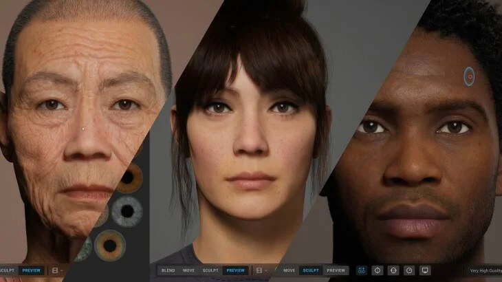 Tres rostros humanos digitales hiperrealistas generados por computadora mostrando diferentes edades y etnias en una interfaz de modelado 3D.