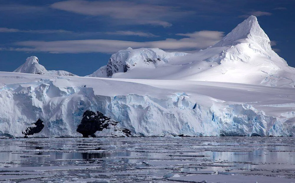 Glaciar antártico con montañas cubiertas de nieve y trozos de hielo flotando en aguas calmas bajo cielo azul.