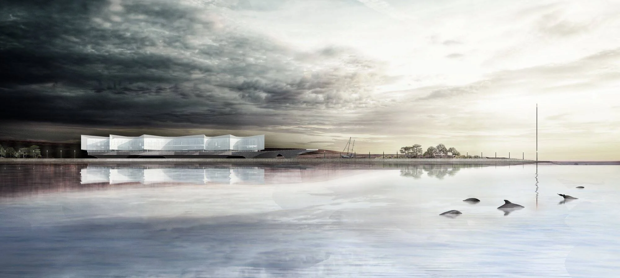 Visualización arquitectónica de un edificio de fachada acristalada a orillas del agua, con delfines en primer plano y cielo nublado.