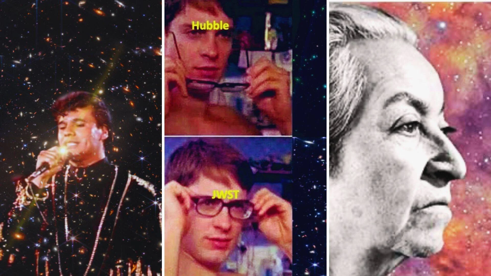 Collage con tres imágenes: cantante sobre fondo de galaxias, meme comparando Hubble y JWST con un hombre ajustando lentes, y retrato en blanco y negro sobre nebulosa colorida.