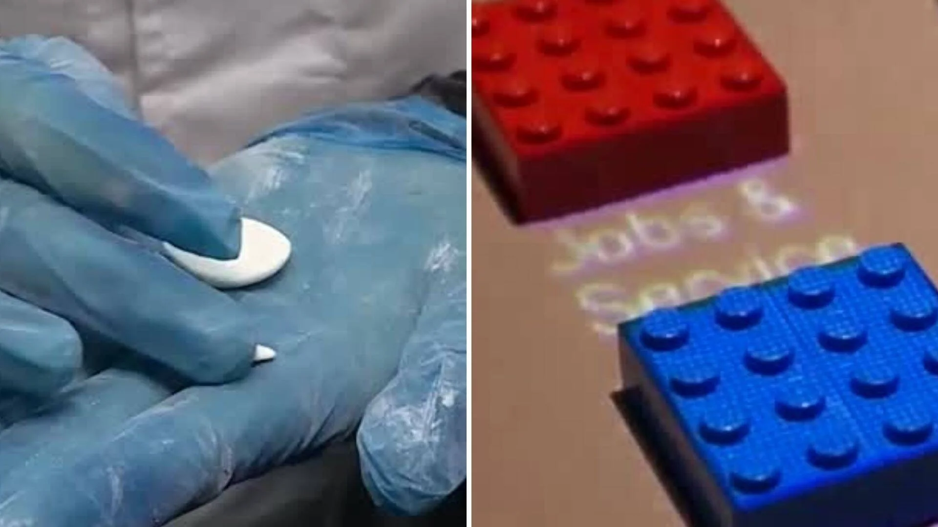 A la izquierda, manos con guantes azules sostienen una pastilla blanca; a la derecha, bloques de LEGO rojo y azul sobre una superficie.