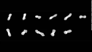 Serie de imágenes del asteroide Kleopatra con forma de hueso de perro captadas desde distintos ángulos por el telescopio VLT.