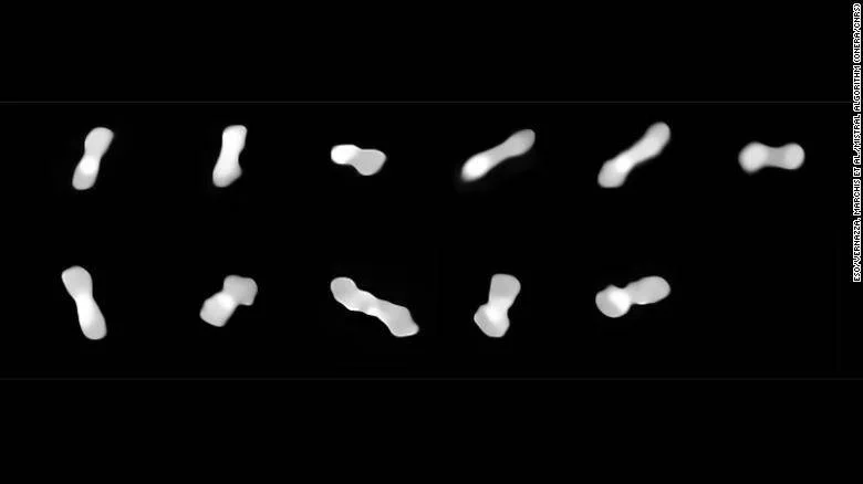 Serie de imágenes del asteroide Kleopatra con forma de hueso de perro captadas desde distintos ángulos por el telescopio VLT.