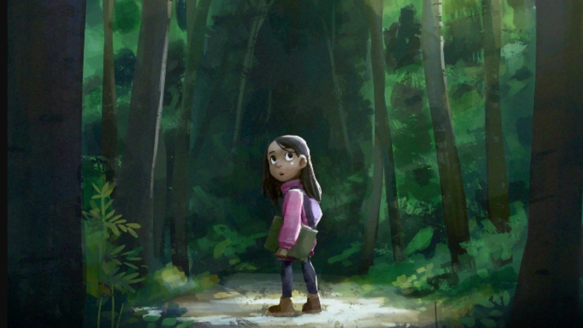 Personaje animado de niña con suéter rosa y libro en mano, mirando hacia arriba en medio de un bosque oscuro y frondoso.