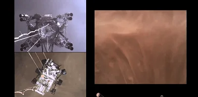 Secuencia de imágenes del descenso de un rover a Marte, mostrando la grúa aérea y la superficie marciana polvorienta.