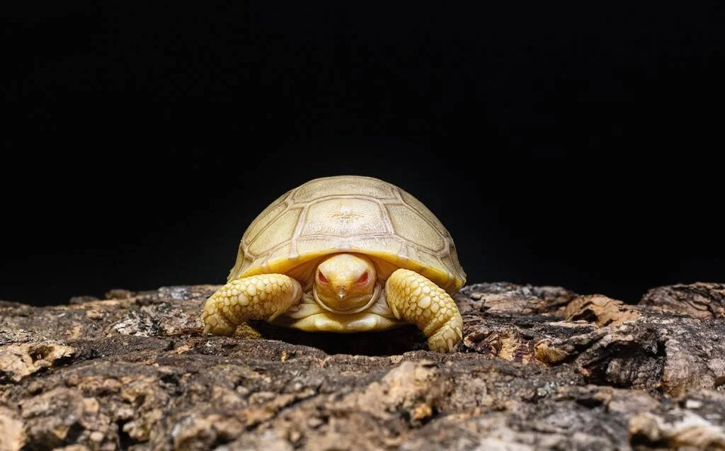 Tortuga albina de coloración amarillo-crema con ojos rojos descansa sobre corteza rugosa ante fondo negro.