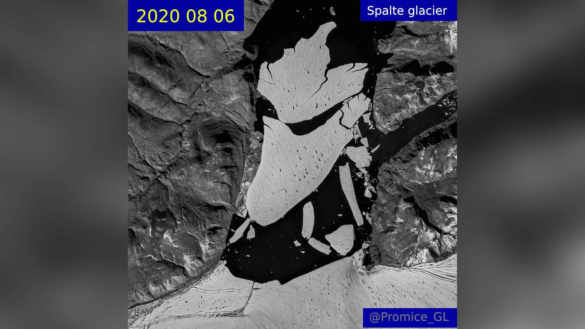 Imagen satelital del glaciar Spalte el 6 de agosto de 2020 mostrando grandes bloques de hielo desprendidos flotando en el agua.