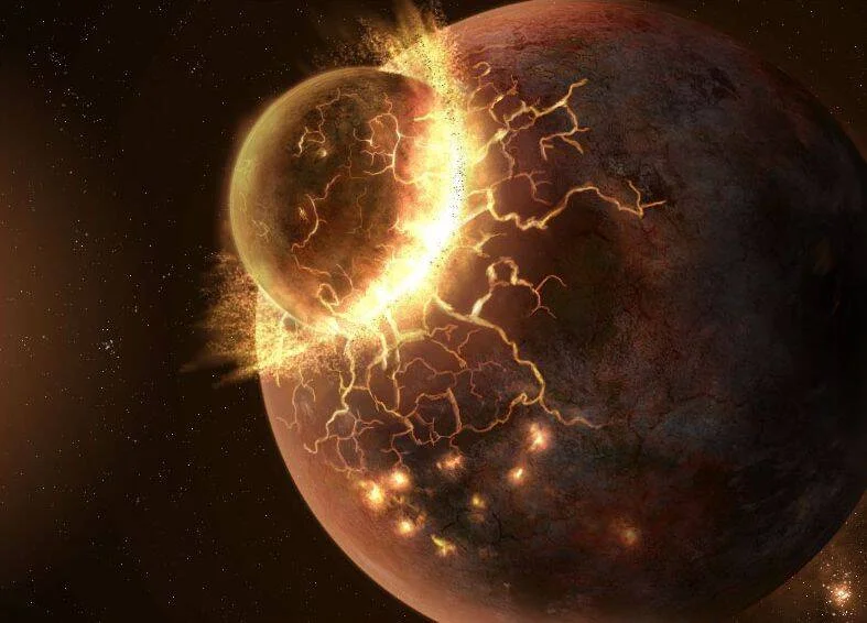 Recreación artística de dos planetas colisionando, con explosiones de energía y grietas luminosas en el punto de impacto.