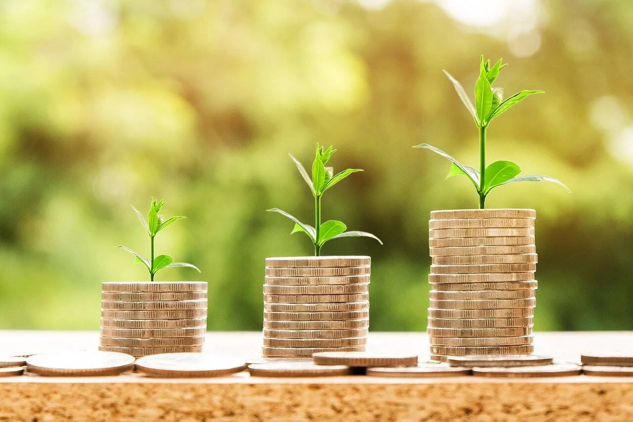 Tres pilas de monedas en altura creciente, cada una con una planta verde brotando, simbolizando el crecimiento financiero.