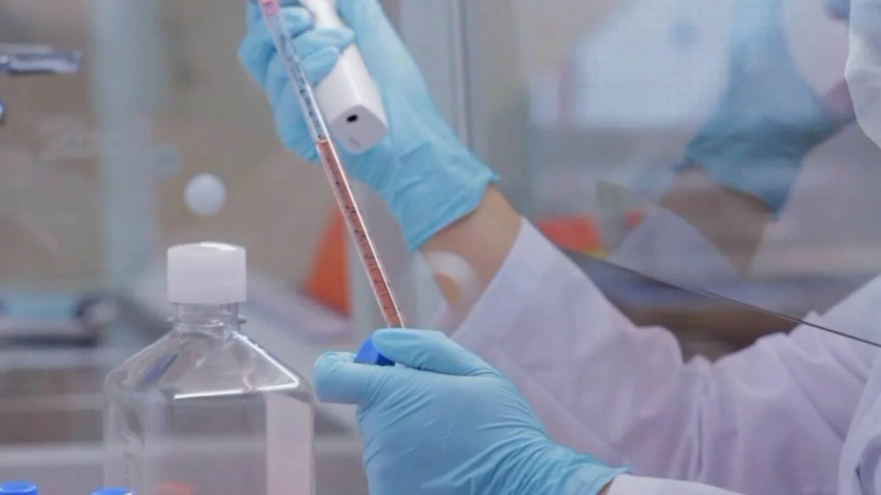 Investigador con guantes azules usa una pipeta para transferir líquido en un laboratorio científico.