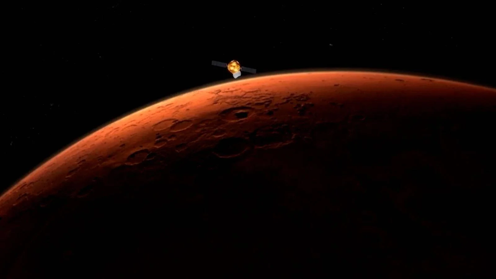 Ilustración de una sonda espacial sobrevolando la superficie rojiza y craterizada de Marte en el espacio.