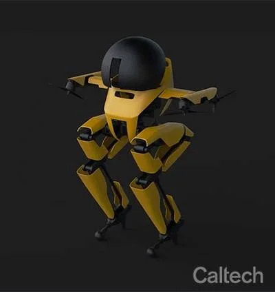 Robot bípedo de color amarillo con cabeza esférica negra y brazos con hélices de dron, desarrollado por Caltech.