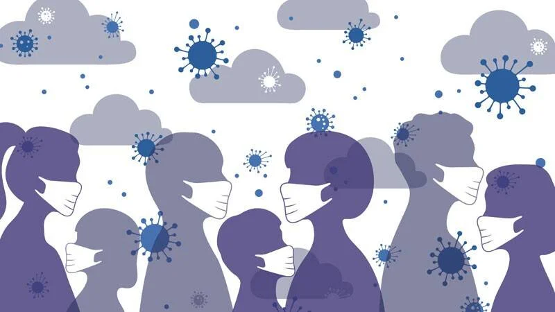 Grupo de personas con barbijos rodeadas de partículas de coronavirus flotando en el aire, ilustración sobre transmisión viral.