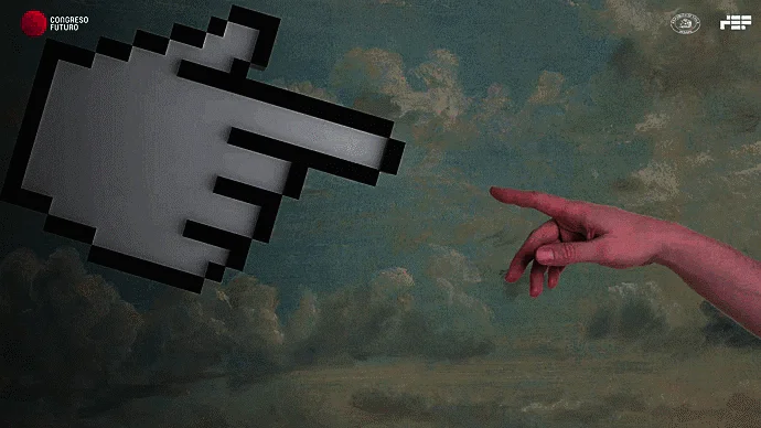Cursor de computadora pixelado apunta hacia una mano humana, parodiando La Creación de Adán, en imagen del Congreso Futuro.