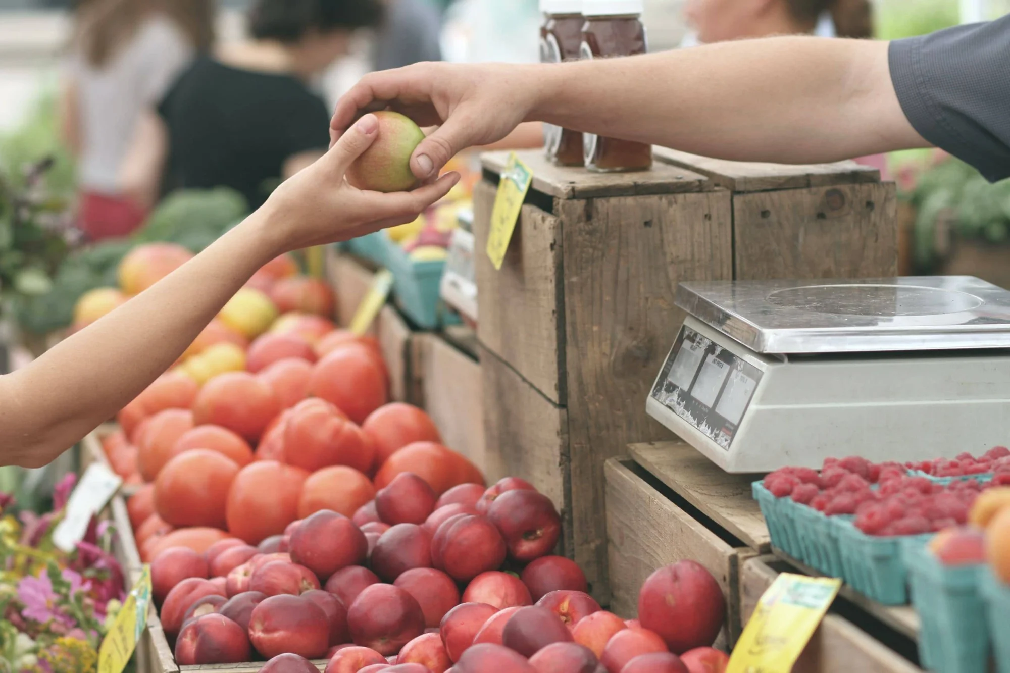 Vendedor entrega una manzana a un cliente sobre un puesto de frutas con duraznos, frambuesas y una balanza.