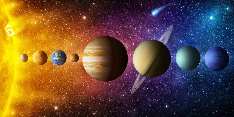 Los ocho planetas del sistema solar alineados junto al Sol, desde Mercurio hasta Neptuno, sobre fondo estrellado.